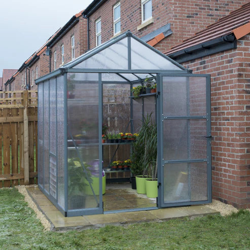 Glory 6x8 greenhouse with wide hinged door open showing easy access and interior space