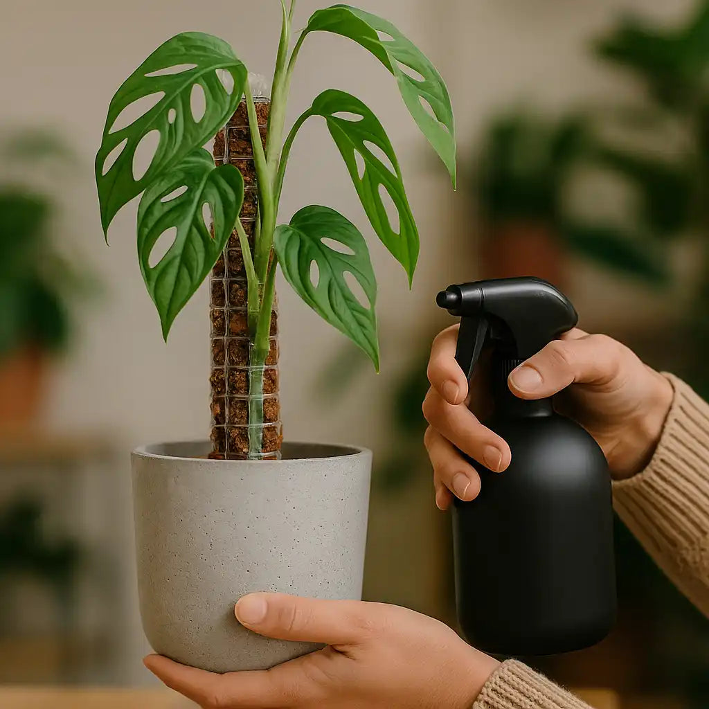 A green Monstera Adansonii plant in a gray pot, supported by a moss pole, being misted by a black spray bottle.