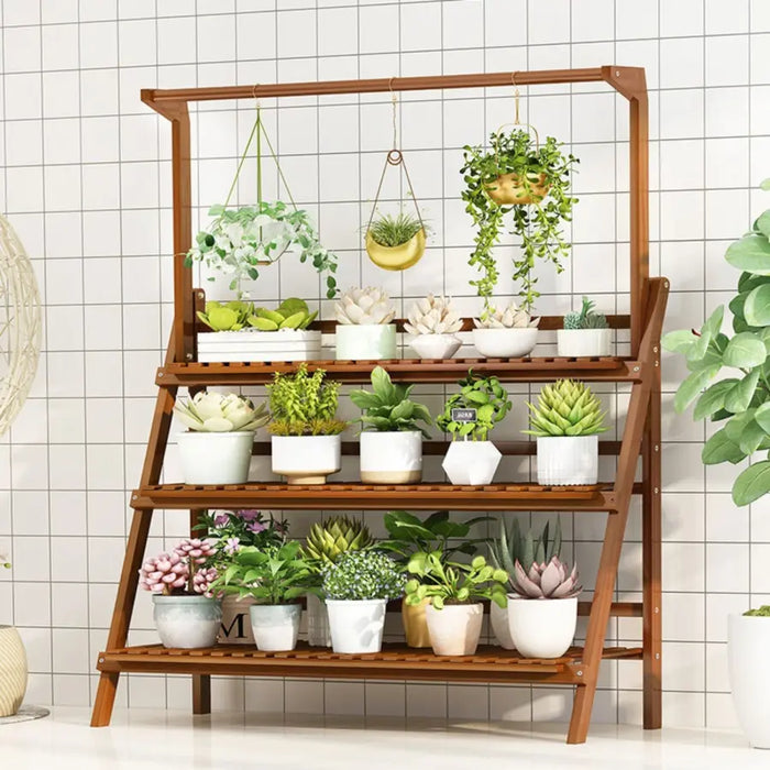 3 Tier Dark-Stained Bamboo Plant Stand with Hanging Rack - Home & Garden > Storage