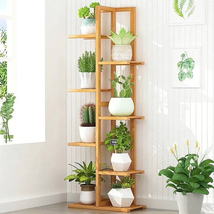 6 Tier Natural Brown Vertical Bamboo Plant Stand - Furniture > Office