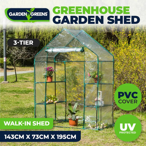Garden Greens Greenhouse Walk-In Shed 3 Tier Solid Structure & Quality 1.95m - Home & Garden > Green Houses