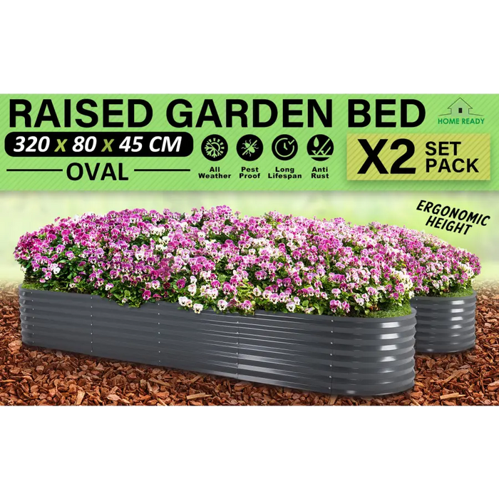 Home Ready 2 Set 320 x 80 x 45cm Grey Raised Garden Bed Galvanised Steel Planter - Home & Garden > Garden Beds