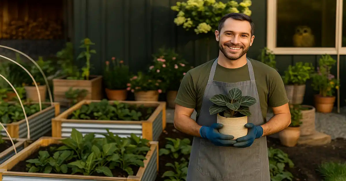 A smiling man in an apron and gloves holding a potted plant.