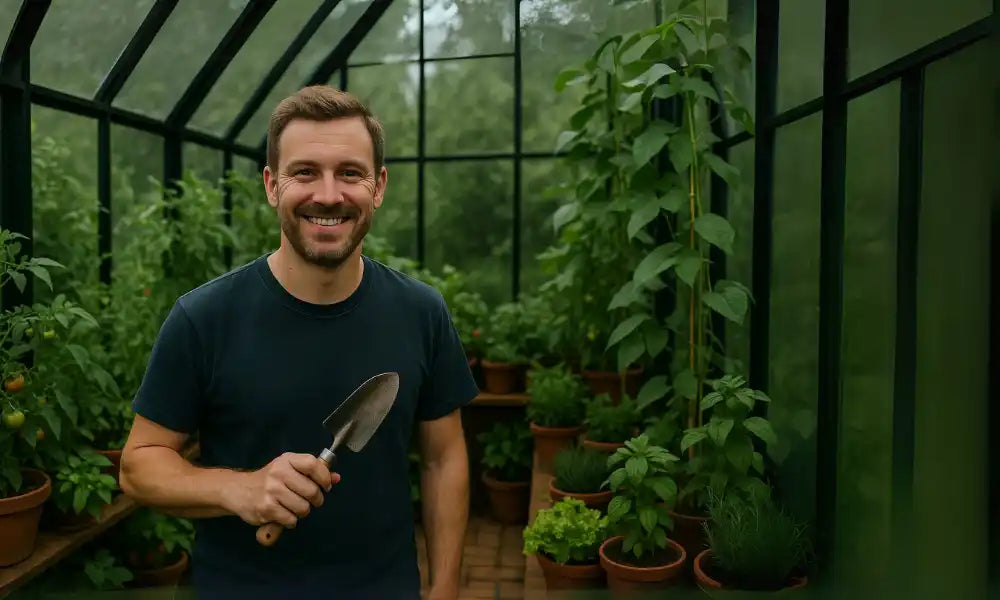 A smiling man holding a gardening trowel in a greenhouse filled with plants.