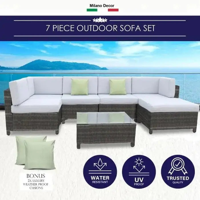 Outdoor 7 Piece Rattan Sofa Set - Black Coating & Grey Seats (7 Boxes)