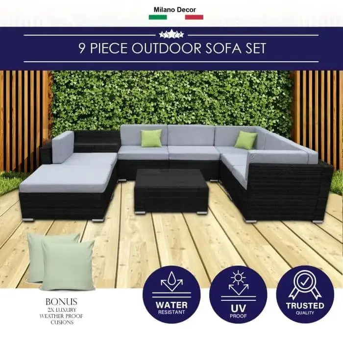 Outdoor 9 Piece Sofa Set - Black Coating & Grey Seats (6 Boxes)