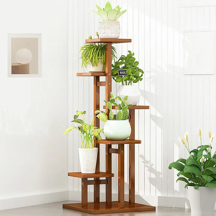 dark wood plant stand indoor 5 Tier Dark Brown Vertical Bamboo Plant Stand