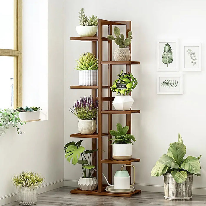 6 Tier Dark Brown Vertical Bamboo Plant Stand - Furniture