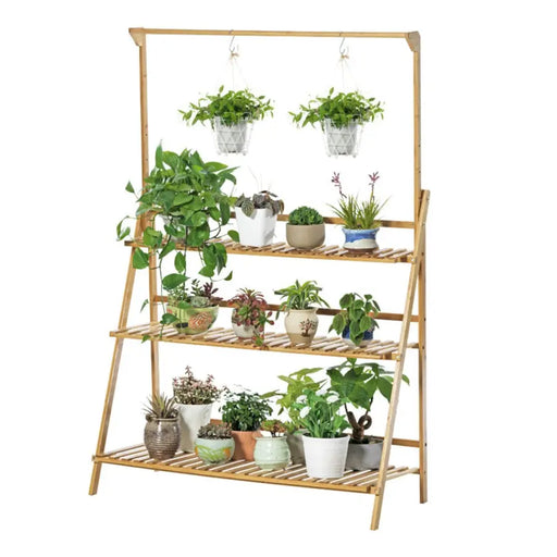3 Tier Natural Bamboo Plant Stand with Hanging Rack - Home & Garden > Storage
