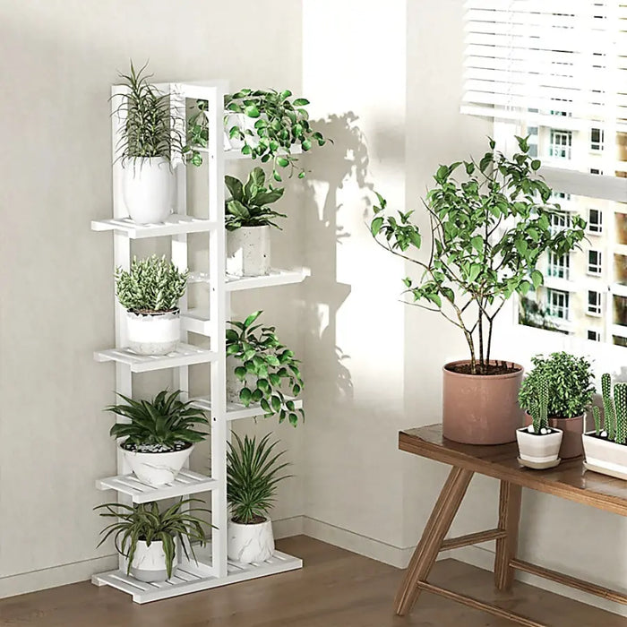 white wooden plant stand indoor 6 Tier White Vertical Bamboo Plant Stand