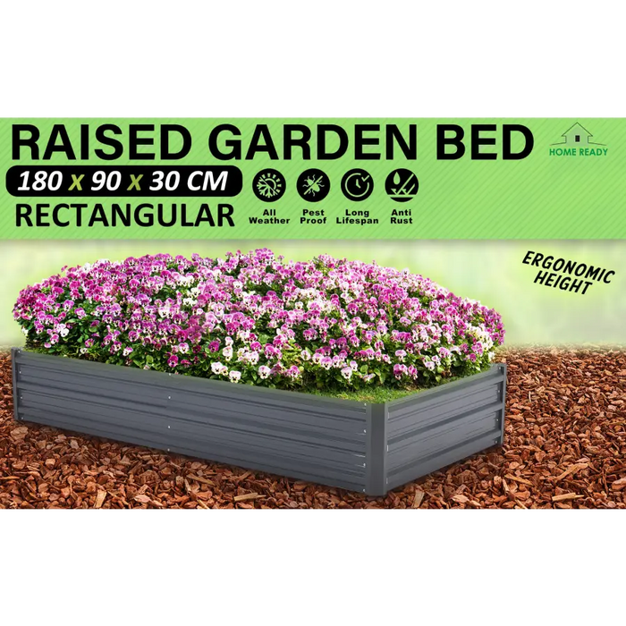 Home Ready 180 x 90 x 30cm Grey Raised Garden Bed Galvanised Steel Planter - Home & Garden > Garden Beds