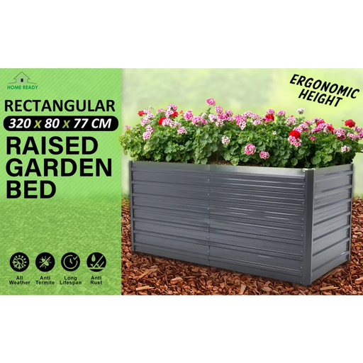Home Ready 320 x 80 x 77cm Grey 2-in-1 Raised Garden Bed Galvanised Steel Planter - Home & Garden > Garden Beds