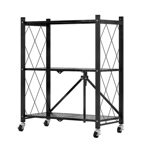 3 Tier Steel Black Foldable Shelves  with Wheels
