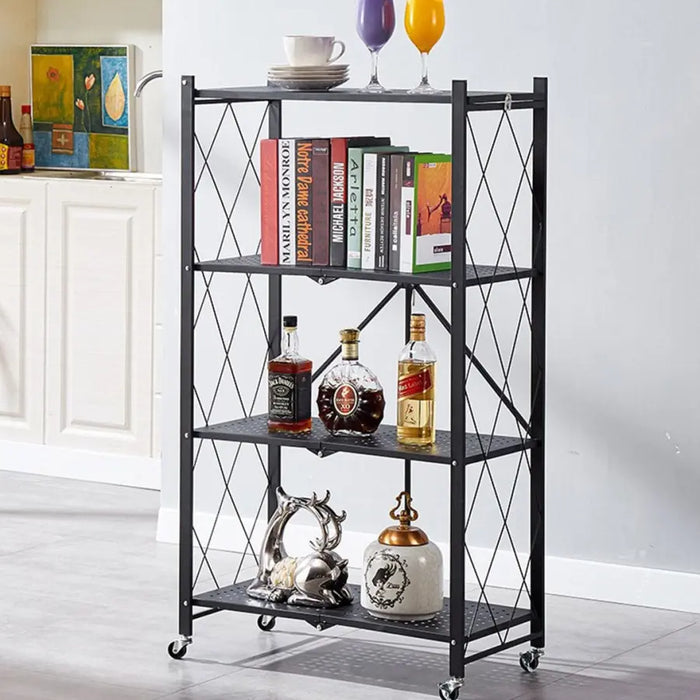 4 Tier Steel Black Foldable Shelves  with Wheels