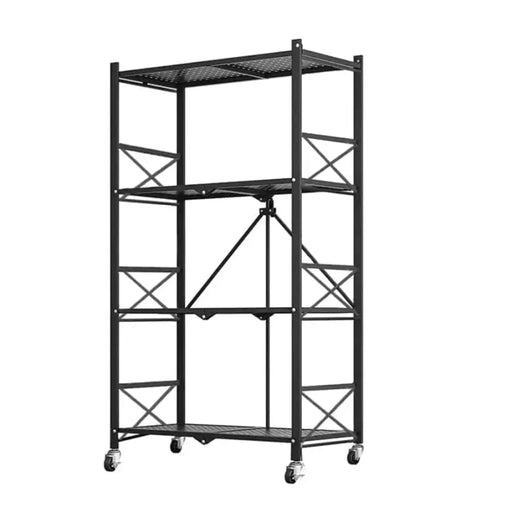 4 Tier Steel Black Foldable Shelves with Wheels (Style 2)