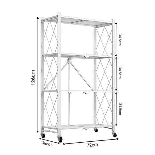 4 Tier Steel White Foldable Shelves  with Wheels
