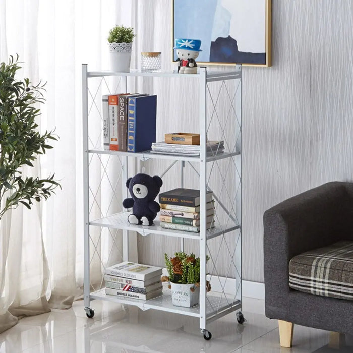 4 Tier Steel White Foldable Shelves  with Wheels