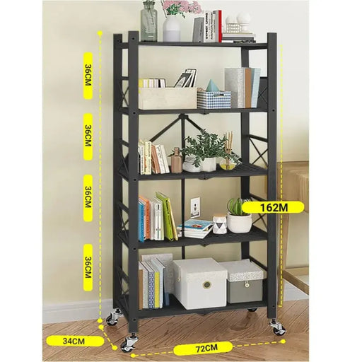 5 Tier Steel Black Foldable Shelves with Wheels (Style 2)
