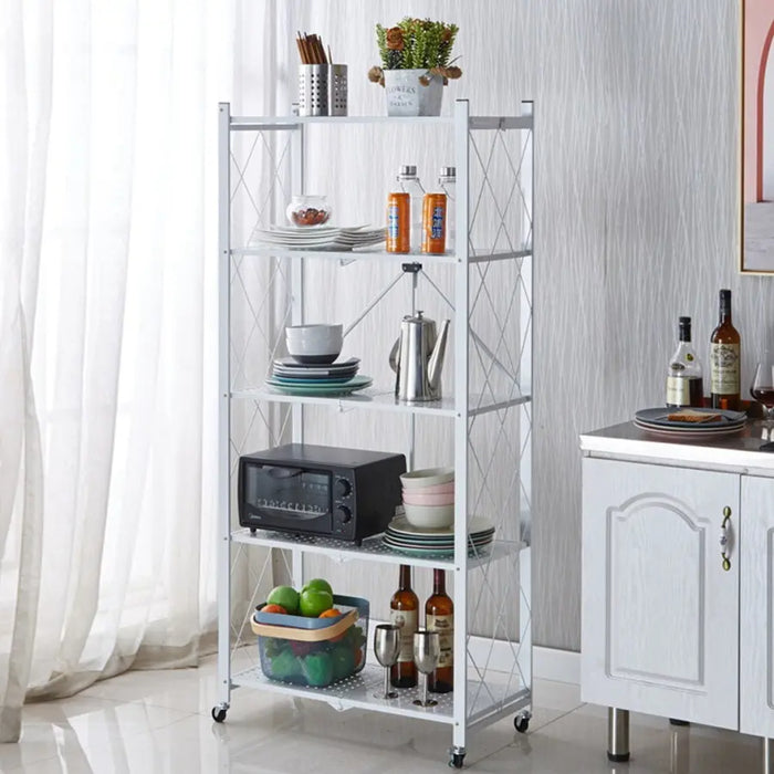5 Tier Steel White Foldable Shelves with Wheels