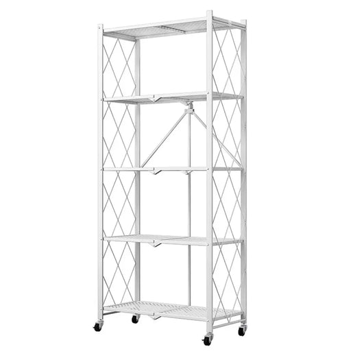 5 Tier Steel White Foldable Shelves with Wheels
