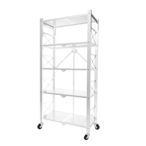 5 Tier Steel White Foldable Shelves with Wheels (Style 2)