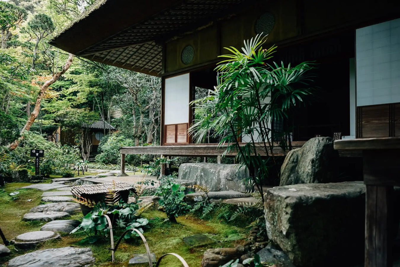 Traditional Japanese house with stone steps and tropical plants.