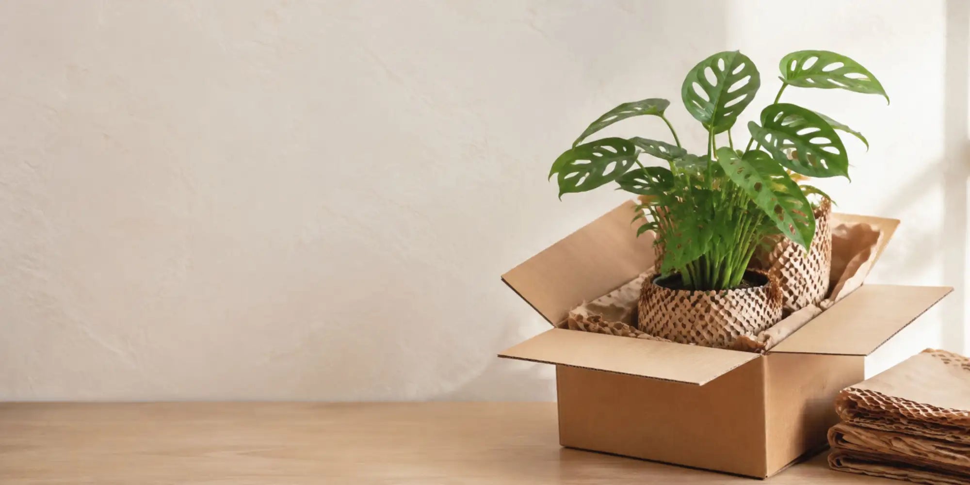 A vibrant green monstera plant nestled in a woven wicker pot, snugly wrapped with protective brown paper inside an open cardboard box.
