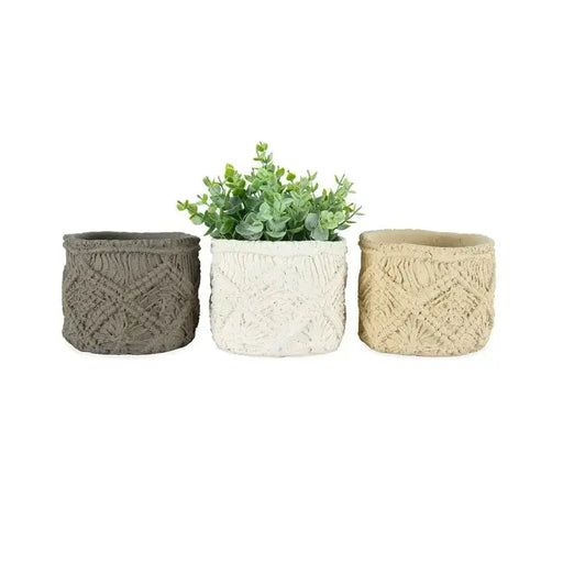 Set of 3 cement 'Macrame' Planters with drain hole and plug