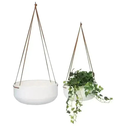 Set/2 Nested Contemporary Hanging White w/Tan Strap Planters
