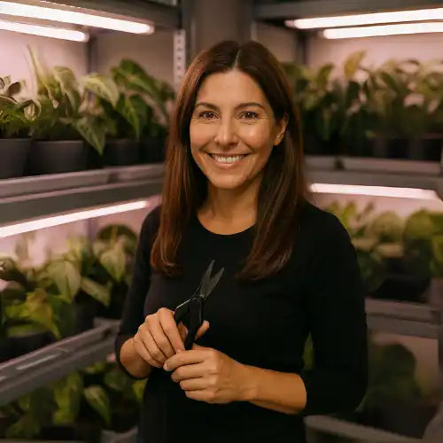 Woman in a black shirt holding a pair of gardening shears.