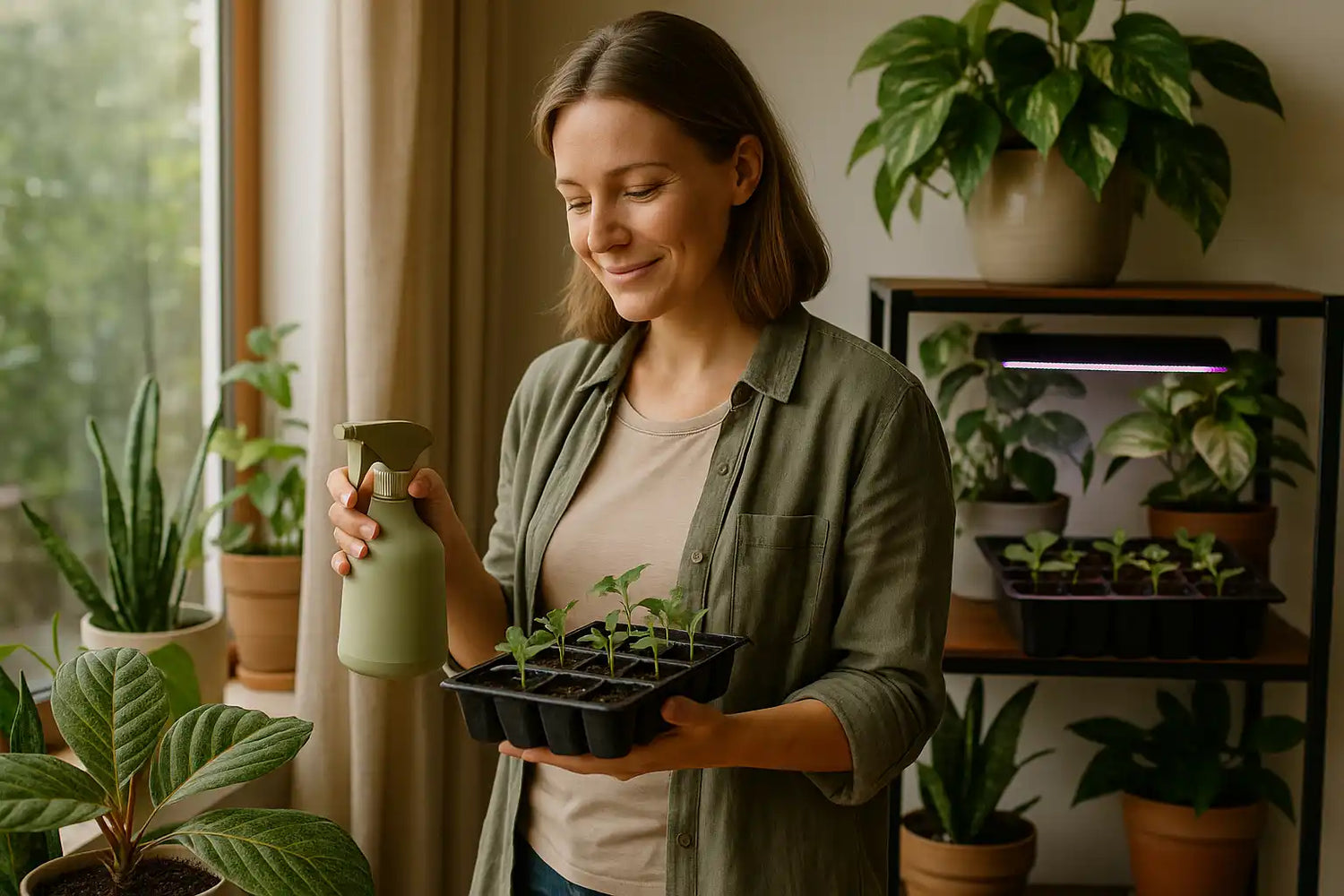 A woman with a spray bottle and a tray of plant seedlings.