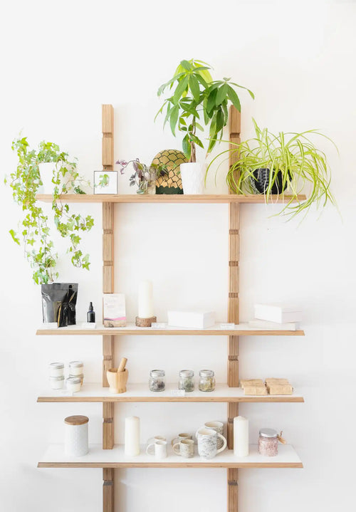 Wooden wall-mounted shelving unit with multiple tiers displaying plants and decorative items.